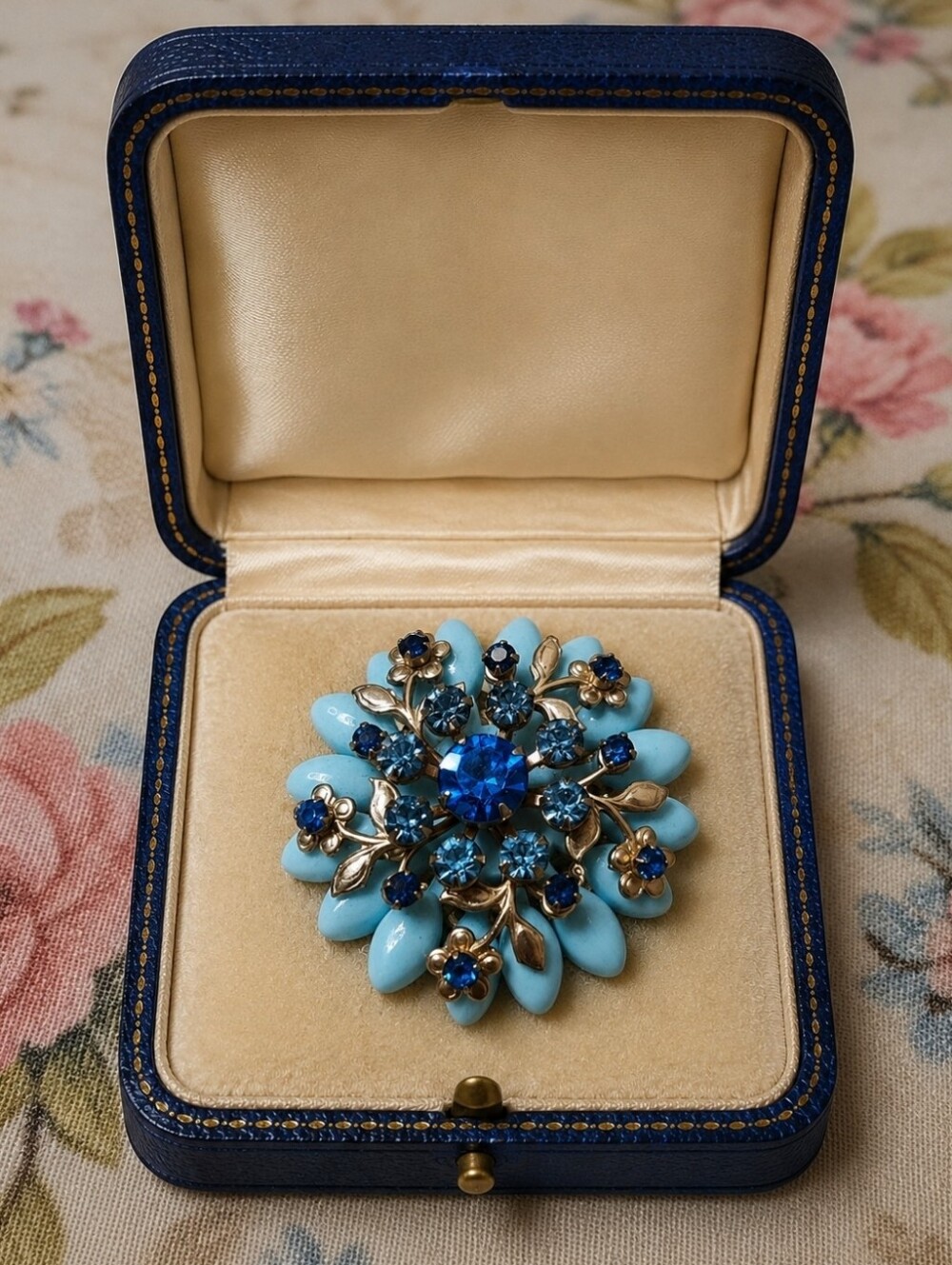 Light Blue Gold Tone Unsigned Vintage Brooch Sapphire Rhinestones Plastic Petals